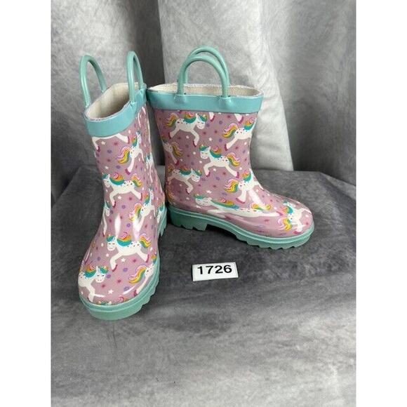 T&W Girls Unicorn Rain Boots Purple Pink Rubber Pull On Round Toe 6 NEW - Picture 6 of 6